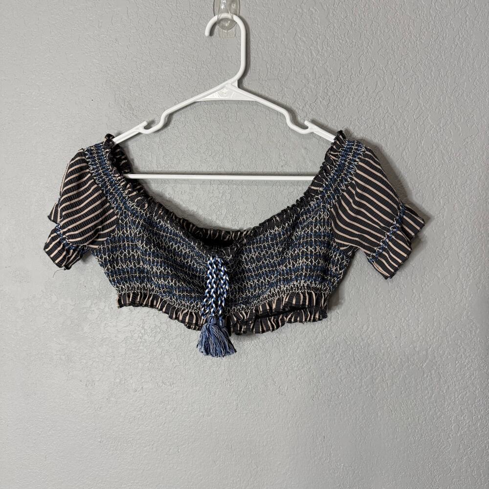 Jonathan Simkhai Striped Smocked‎ Off Shoulder Puff Sleeves Top Large - Picture 2 of 6